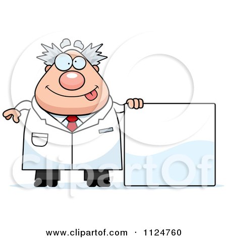 Cartoon Of A Happy Chubby Male Scientist With A Sign - Royalty Free Vector Clipart by Cory Thoman