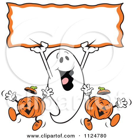 Clipart Of A Happy Halloween Ghost Holding Up A Sign Over Jackolantern Pumpkins - Royalty Free Vector Illustration by Johnny Sajem