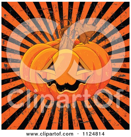 Cartoon Of A Grinning Jackolantern Halloween Pumpkin Over Grungy Rays - Royalty Free Vector Clipart by Pushkin