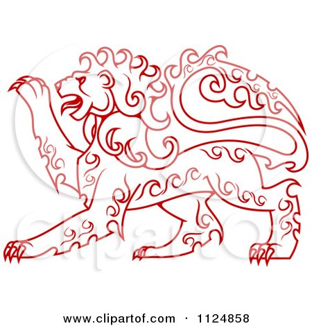 Clipart Of A Red Curly Haired Royal Heraldic Lion - Royalty Free Vector Illustration by Vector Tradition SM