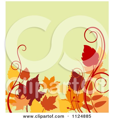 Clipart Of A Background Of Autumn Leaves And Swirls On Yellow - Royalty Free Vector Illustration by Vector Tradition SM