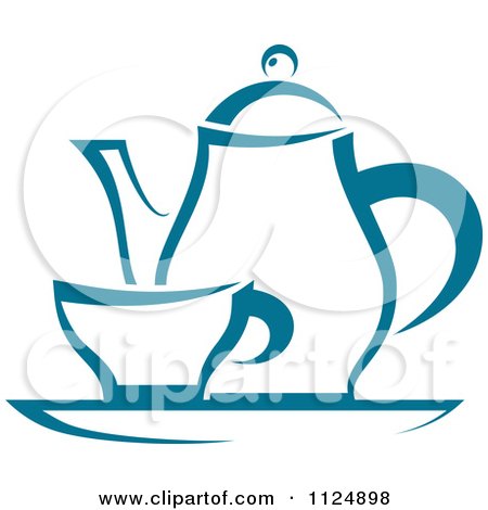 Clipart Of A Teal Tea Pot And Cup On A Tray - Royalty Free Vector Illustration by Vector Tradition SM