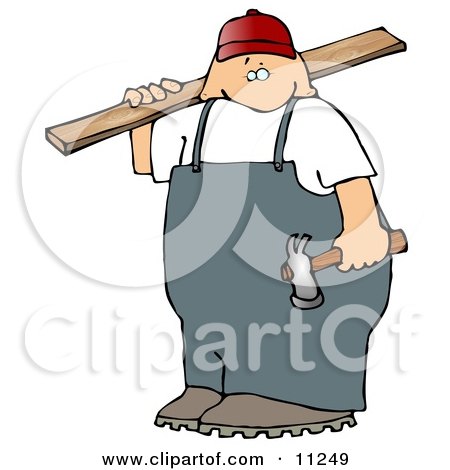 Male Carpenter Man Carrying Plywood and a Hammer Clipart Picture by djart