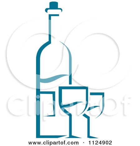 Clipart Of A Teal Wine Bottle And Glasses - Royalty Free Vector Illustration by Vector Tradition SM