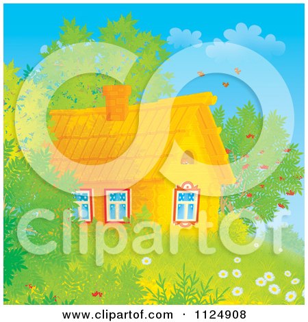 Cartoon Of A Log Cabin With Summer Leaves - Royalty Free Clipart by Alex Bannykh