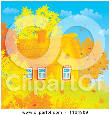 Cartoon Of A Log Cabin With Autumn Leaves - Royalty Free Clipart by Alex Bannykh