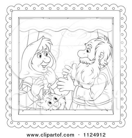 Cartoon Of An Outlined Old Couple Talking By Their Cat In A Window - Royalty Free Clipart by Alex Bannykh