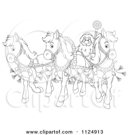 Cartoon Of An Outlined Santa In A Sleigh Pulled By Three Ponies - Royalty Free Clipart by Alex Bannykh