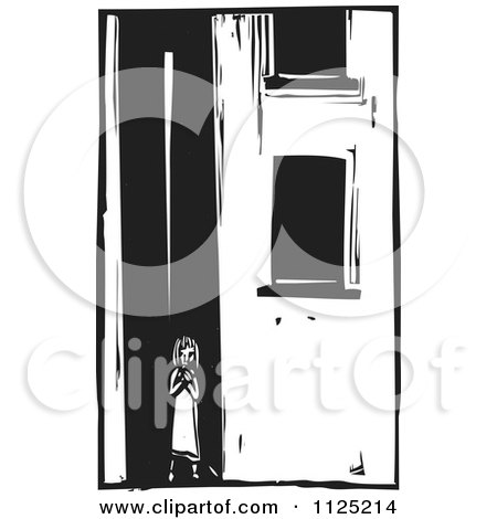 Clipart Of A Girl In An Alley Black And White Woodcut - Royalty Free Vector Illustration by xunantunich