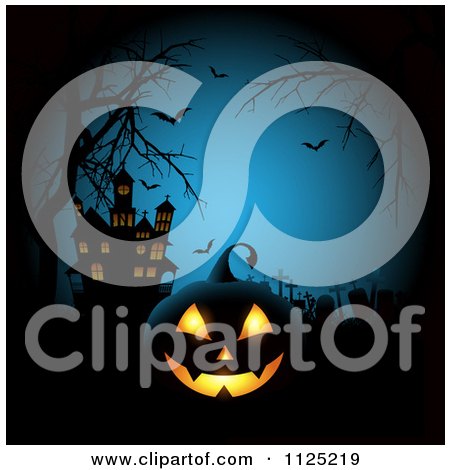 Clipart Of A Blue Halloween Background Framed With Bats Branches A Jackolantern And Haunted House - Royalty Free Vector Illustration by KJ Pargeter
