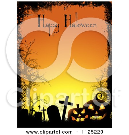 Clipart Of A Grungy Orange Cemetery And Jackolantern Background With Happy Halloween Text - Royalty Free Vector Illustration by KJ Pargeter