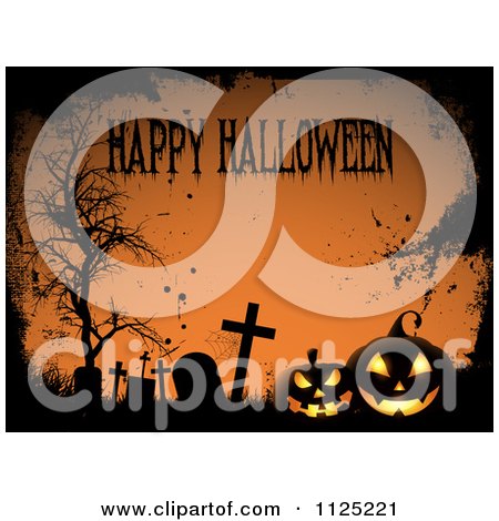 Clipart Of A Grungy Happy Halloween Background With Jackolanterns In A Cemetery - Royalty Free Vector Illustration by KJ Pargeter