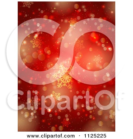 Clipart Of A Background Of Red And Gold Snowflakes And Bokeh Lights - Royalty Free Vector Illustration by KJ Pargeter