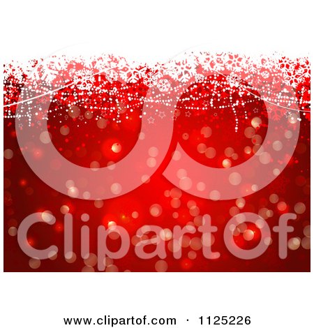 Clipart Of A Background Of Red Snowflakes Bokeh Lights And Grunge - Royalty Free Vector Illustration by KJ Pargeter
