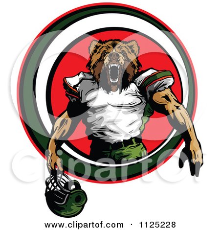 Clipart Of A Strong Roaring Football Player Bear Mascot In A Red Circle - Royalty Free Vector Illustration by Chromaco