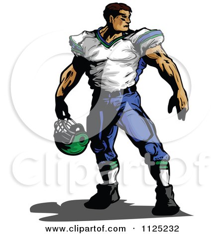 Clipart Of A Strong Muscular Male Football Player Holding His Helmet - Royalty Free Vector Illustration by Chromaco