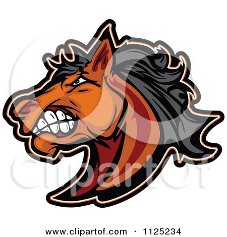 Cartoon Of A Aggressive Brown Mustang Horse Head - Royalty Free Vector Clipart by Chromaco