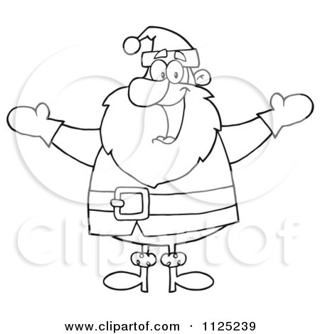 Cartoon Of An Outlined Cheerful Santa Holding Up His Arms - Royalty Free Vector Clipart by Hit Toon