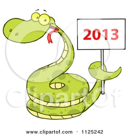 Cartoon Of A Happy Coiled Green Snake Holding A Year 2013 Sign - Royalty Free Vector Clipart by Hit Toon