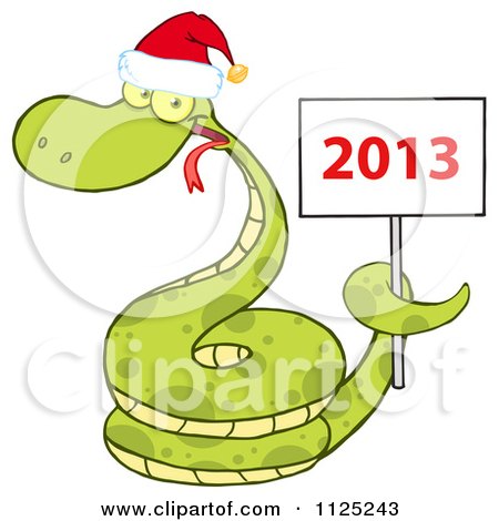 Cartoon Of A Happy Green Snake Wearing A Santa Hat And Holding A Year 2013 Sign - Royalty Free Vector Clipart by Hit Toon