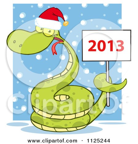 Cartoon Of A Happy Green Snake Wearing A Santa Hat And Holding A Year 2013 Sign In The Snow - Royalty Free Vector Clipart by Hit Toon
