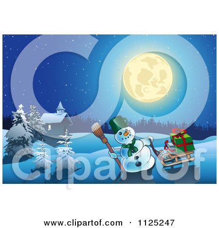 Clipart Of A Christmas Snowman With A Sled And Gifts Near A Cabin Under A Full Moon - Royalty Free Vector Illustration by dero