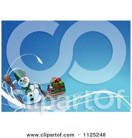 Clipart Of A Christmas Snowman With A Sled And Gifts On Blue - Royalty Free Vector Illustration by dero