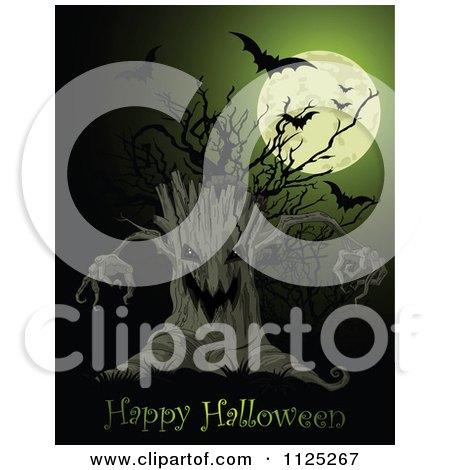 Cartoon Of A Creepy Ent Tree With Bats And A Full Moon Over Happy Halloween Text - Royalty Free Vector Clipart by Pushkin