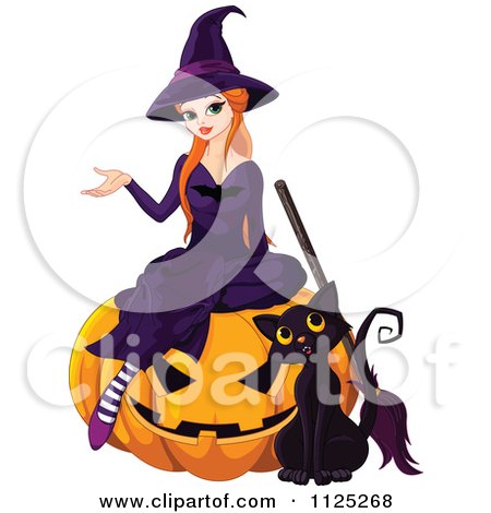 Cartoon Of A Halloween Witch And Her Cat On A Jackolantern - Royalty Free Vector Clipart by Pushkin