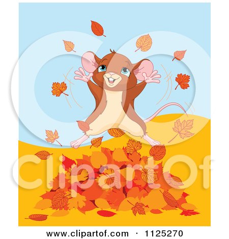 Cartoon Of A Happy Mouse Jumping In Autumn Leaves - Royalty Free Vector Clipart by Pushkin