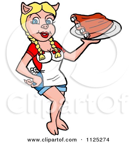 Cartoon Of A Blond Pig Waitress Serving Bbq Ribs - Royalty Free Vector Clipart by LaffToon