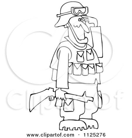 Cartoon Of An Outlined Army Soldier Holding A Gun And Saluting - Royalty Free Vector Clipart by djart