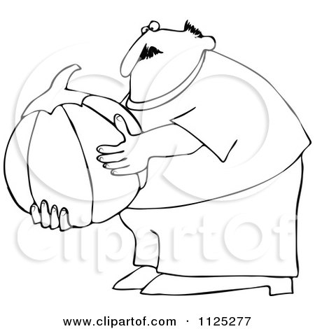 Cartoon Of An Outlined Chubby Man Holding A Large Halloween Pumpkin - Royalty Free Vector Clipart by djart