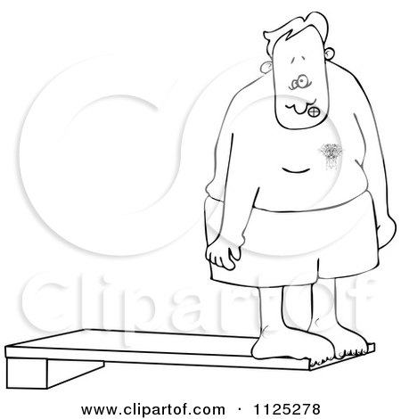 Cartoon Of An Outlined Nervous Man On A High Dive Board - Royalty Free Vector Clipart by djart