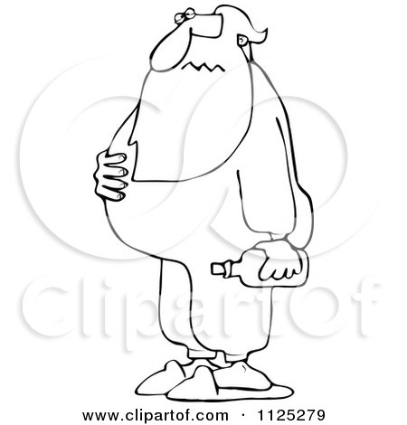 Cartoon Of An Outlined Sick Santa Holding His Sour Stomach And Medicine - Royalty Free Vector Clipart by djart