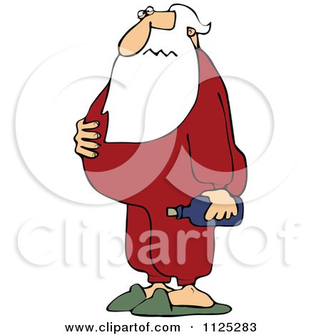 Cartoon Of A Sick Santa Holding His Sour Stomach And Medicine - Royalty Free Vector Clipart by djart