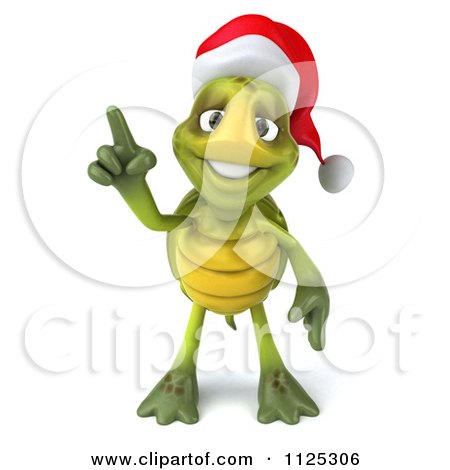 Clipart Of A 3d Christmas Tortoise Wearing A Santa Hat And Holding Up A Finger - Royalty Free CGI Illustration by Julos