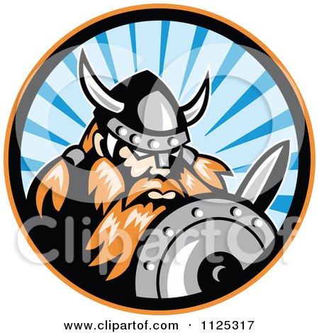 Clipart Of A Retro Raider Barbarian Viking Warrior With A Shield And Sword In A Ray Circle - Royalty Free Vector Illustration by patrimonio