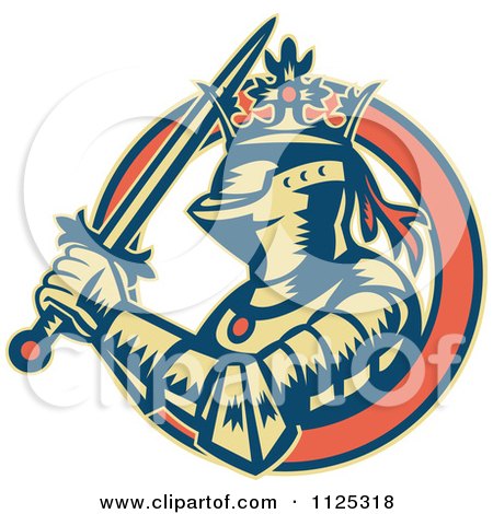 Clipart Of A Retro Medieval Crowned Knight With A Sword In An Orange Ring - Royalty Free Vector Illustration by patrimonio