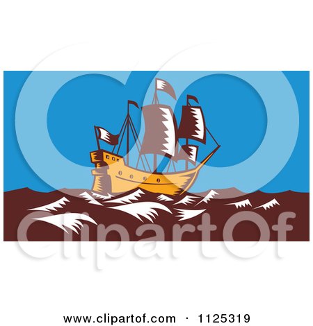Clipart Of A Woodcut Retro Galleon Ship At Sea - Royalty Free Vector Illustration by patrimonio