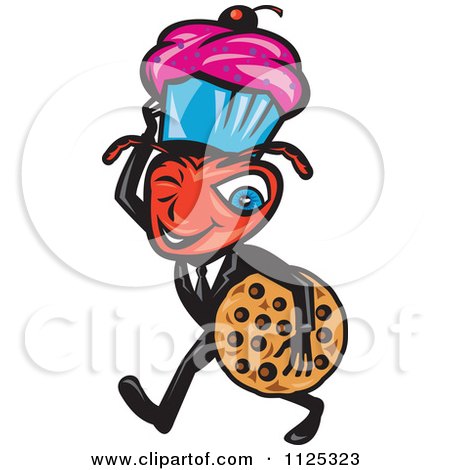 Cartoon Of A Winking Male Ant Carrying A Cookie And Cupcake - Royalty Free Vector Clipart by patrimonio
