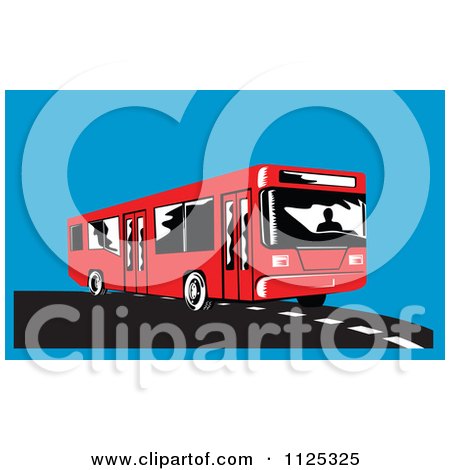 Clipart Of A Red Bus On A Road Over Blue - Royalty Free Vector Illustration by patrimonio