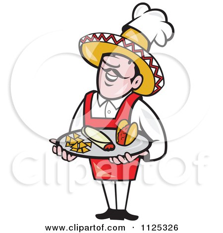 Cartoon Of A Happy Mexican Chef Carrying A Tray With A Taco Burrito And Tortilla Chips - Royalty Free Vector Clipart by patrimonio