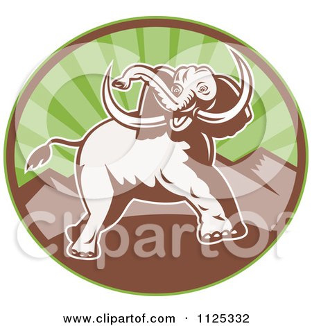 Clipart Of A Retro Attacking Elephant Over A Circle With Mountains - Royalty Free Vector Illustration by patrimonio