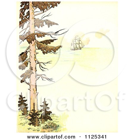 Clipart Of A Vintage Scene Of A Tree And Tall Ship At Sea With Copyspace - Royalty Free Illustration by Prawny Vintage