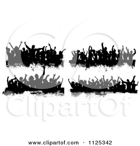 Clipart Of Black And White Grungy Dance Crowds - Royalty Free Vector Illustration by KJ Pargeter