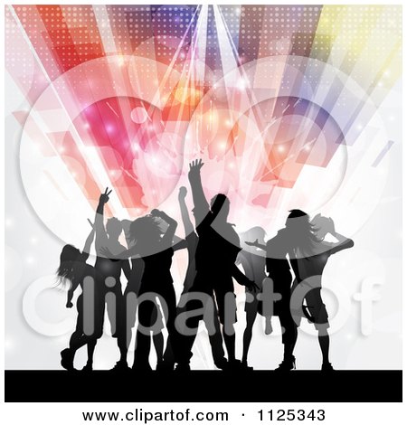 Clipart Of Silhouetted Dancers Under Flares And Lights - Royalty Free Vector Illustration by KJ Pargeter