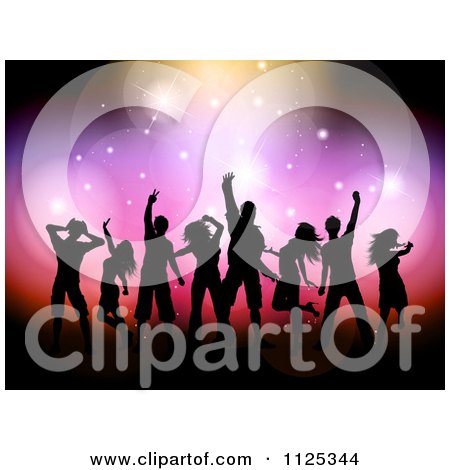Clipart Of Silhouetted Dancers Under Colorful Flares And Lights - Royalty Free Vector Illustration by KJ Pargeter