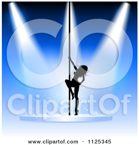 Clipart Of A Silhouetted Pole Dancer Woman Under Spotlights On Blue - Royalty Free Vector Illustration by KJ Pargeter