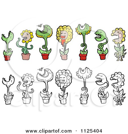 Cartoon Of Fly Catcher Sunflower And Other Carnivorous Plants - Royalty Free Vector Clipart by lineartestpilot